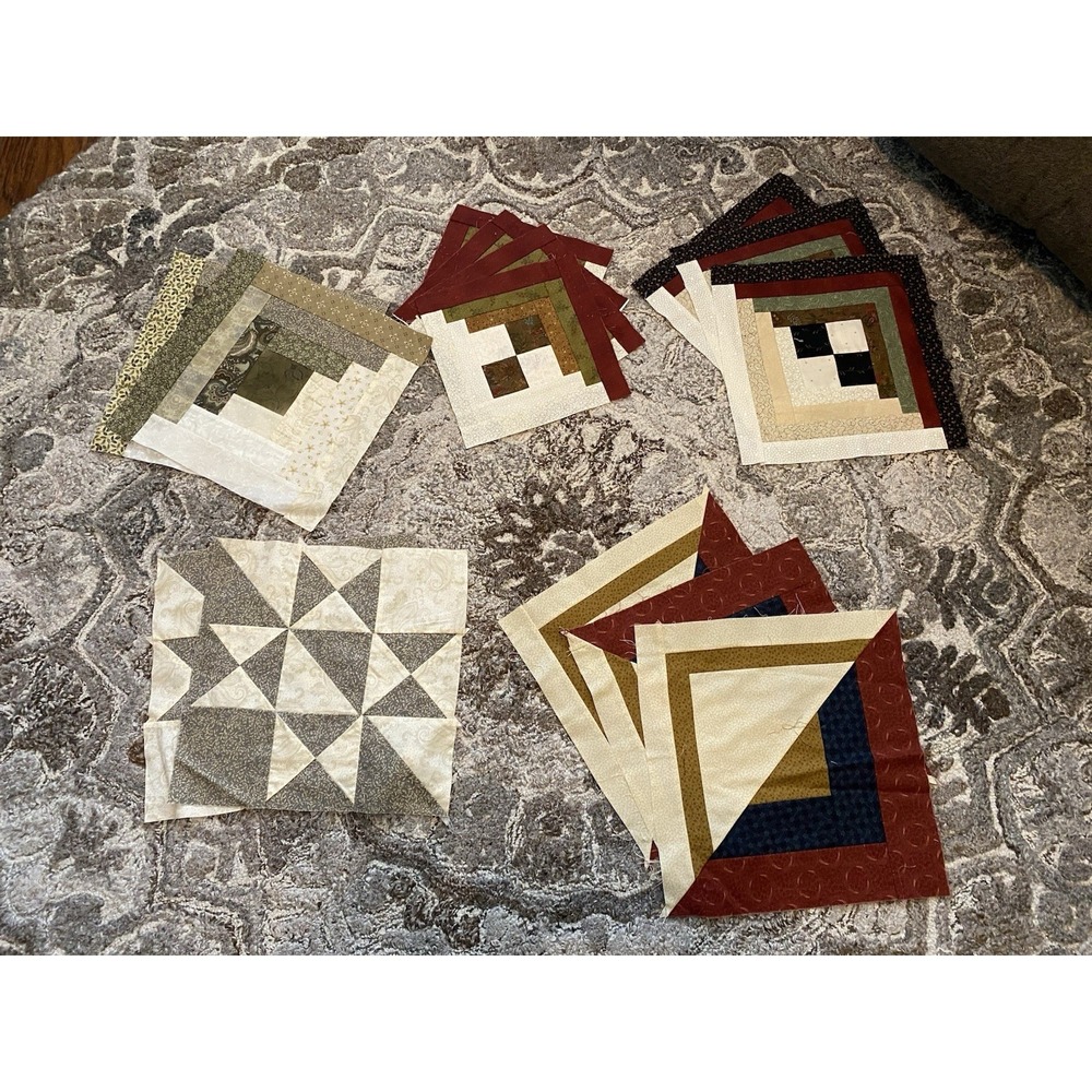 Quilt Blocks Lot 16 Log Cabin Pieced Bundle Variety Scrap Brown Red Cream Vtg